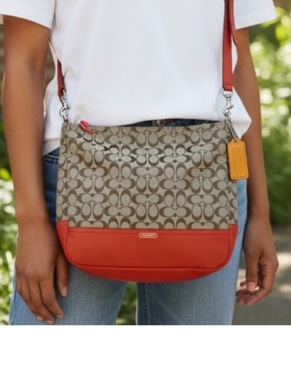 Coach Signature Park Hobo Purse F23279 SV/Khaki/Vermillion‎ Crossbody Shoulder